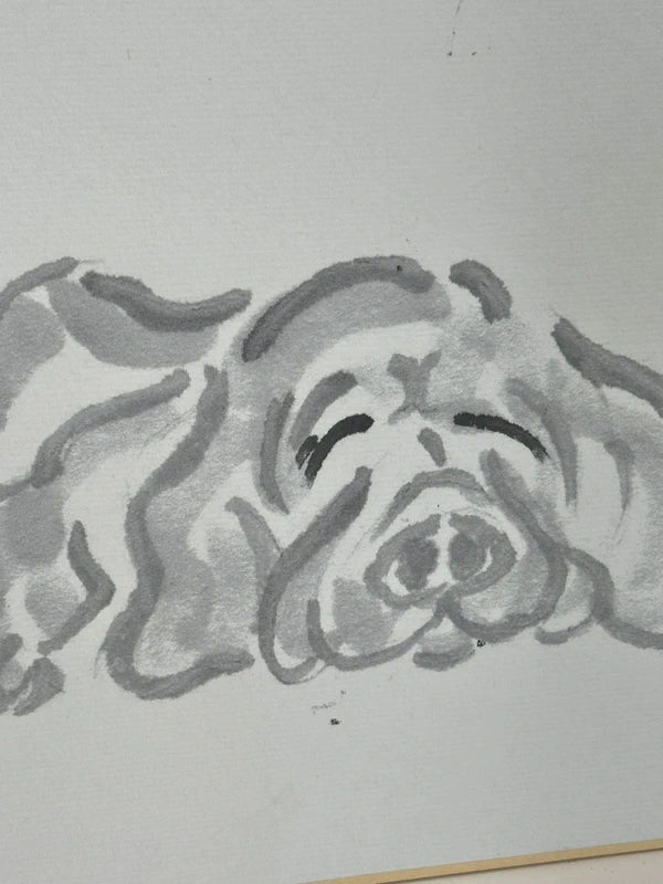 SHP67 - Chien à l'encre Sumi-e originale avec calligraphie shikishi