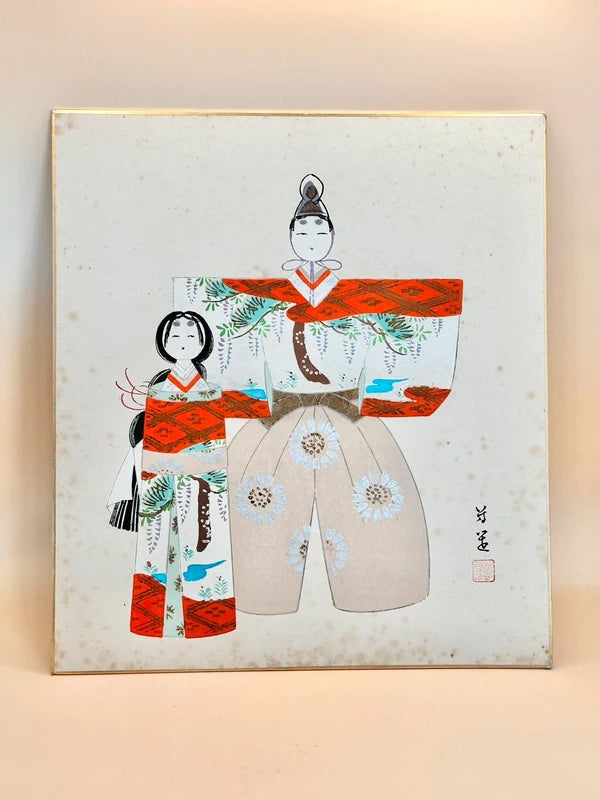 SHP117 - Carte d'illustration vintage Shikishi des poupées Hina
