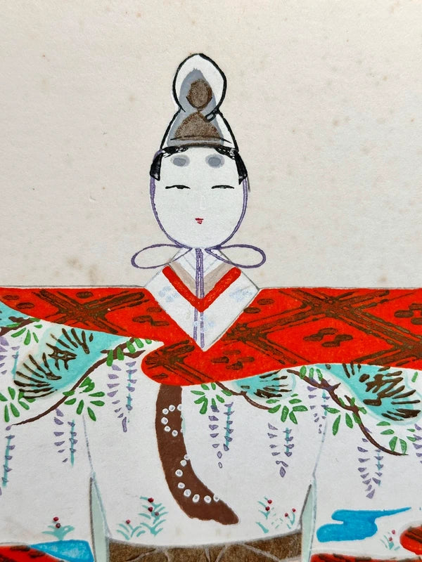SHP117 - Carte d'illustration vintage Shikishi des poupées Hina