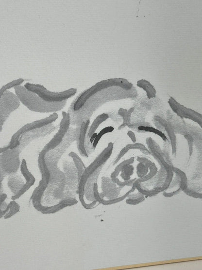 SHP67 - Chien à l'encre Sumi-e originale avec calligraphie shikishi
