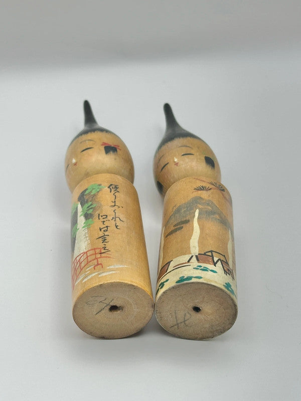 K15034 - Vintage Set of 2 Brush Kokeshi Dolls