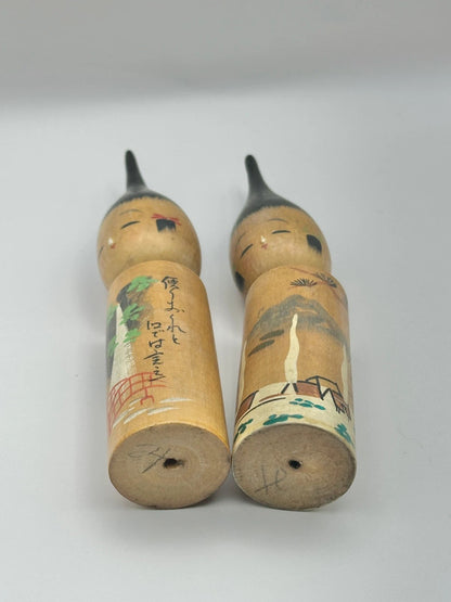 K15034 - Vintage Set of 2 Brush Kokeshi Dolls