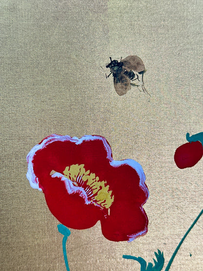 SHP263 - Shikishi peint à la main représentant des coquelicots 芥子図