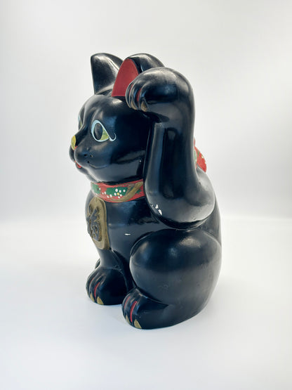FT401 - RARE Vintage Tokoname Ware Black Maneki Neko Coin Bank 常滑焼