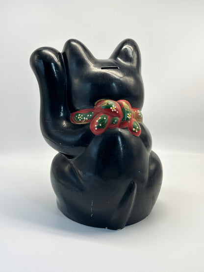 FT401 - RARE Vintage Tokoname Ware Black Maneki Neko Coin Bank 常滑焼