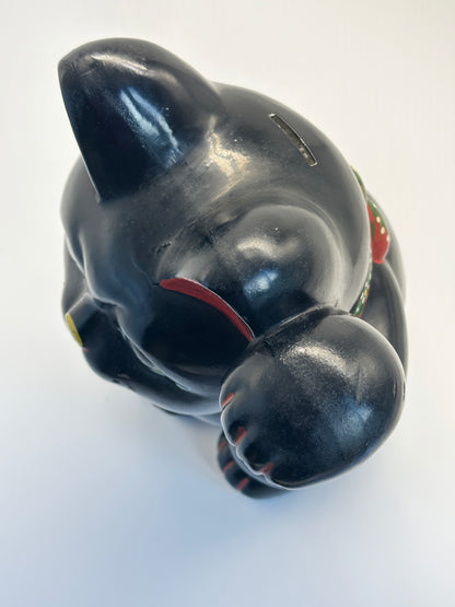FT401 - RARE Vintage Tokoname Ware Black Maneki Neko Coin Bank 常滑焼