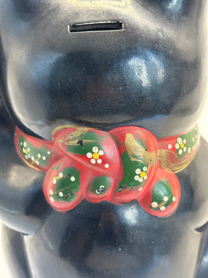 FT401 - RARE Vintage Tokoname Ware Black Maneki Neko Coin Bank 常滑焼