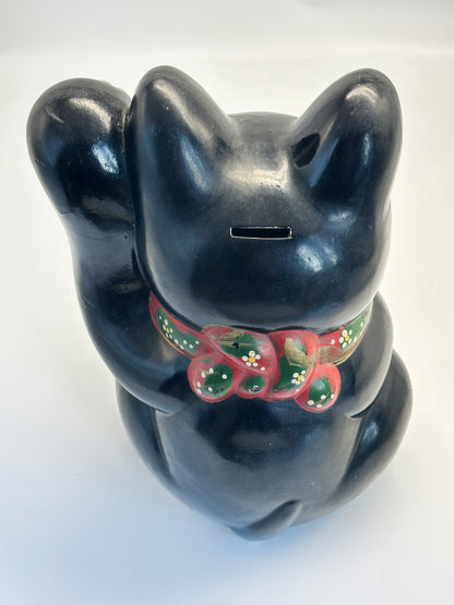 FT401 - RARE Vintage Tokoname Ware Black Maneki Neko Coin Bank 常滑焼