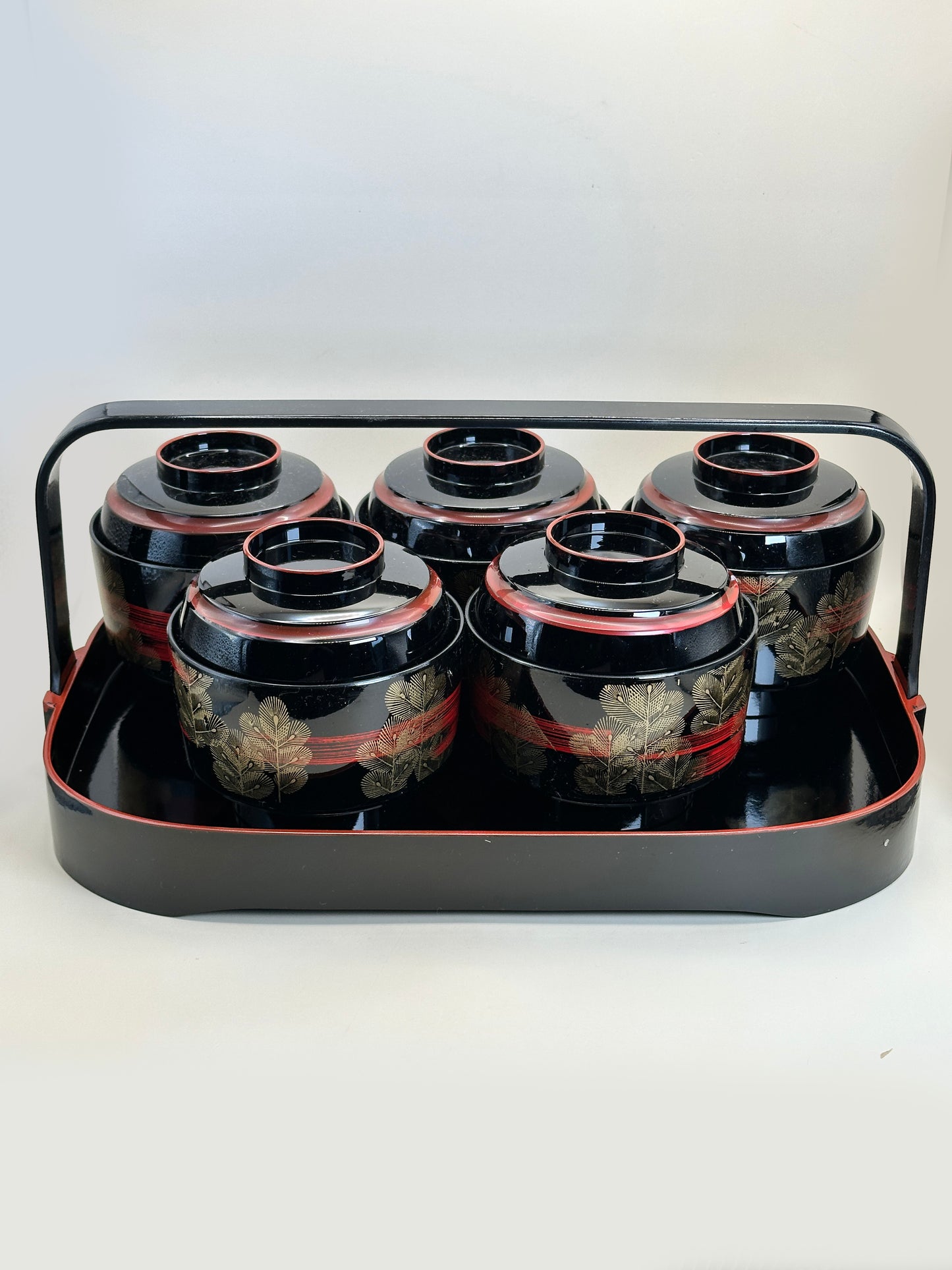 TB150 - Ensemble de 5 bols japonais laqués avec couvercle et plateau à poignées