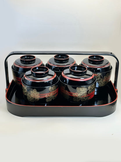 TB150 - Ensemble de 5 bols japonais laqués avec couvercle et plateau à poignées