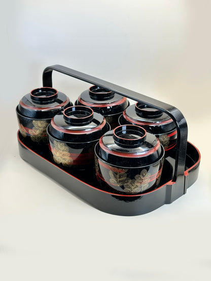 TB150 - Ensemble de 5 bols japonais laqués avec couvercle et plateau à poignées