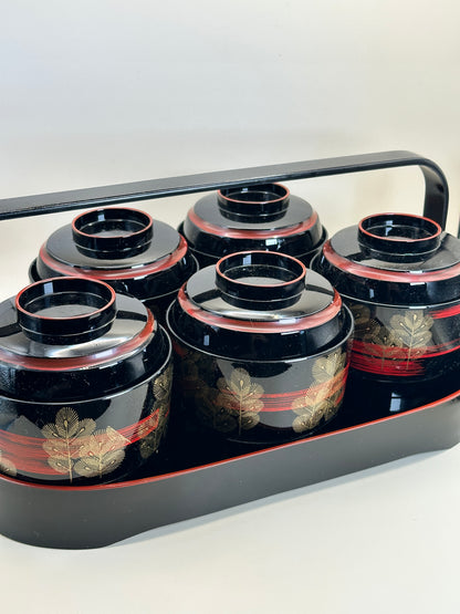 TB150 - Ensemble de 5 bols japonais laqués avec couvercle et plateau à poignées