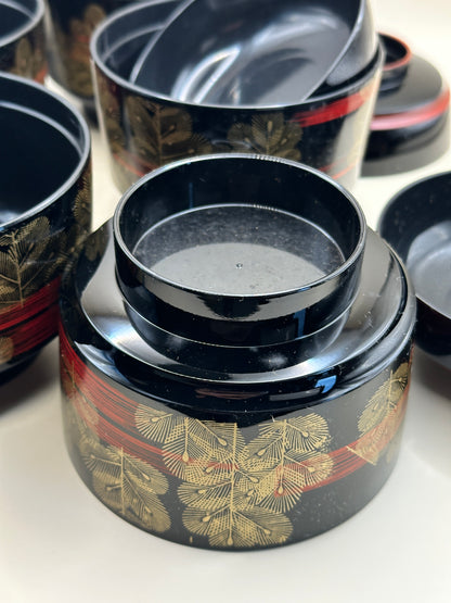 TB150 - Ensemble de 5 bols japonais laqués avec couvercle et plateau à poignées