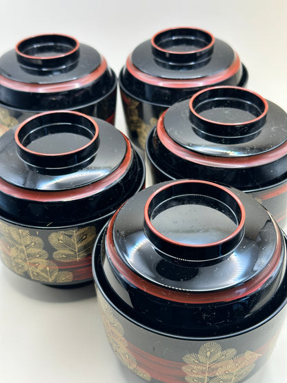TB150 - Ensemble de 5 bols japonais laqués avec couvercle et plateau à poignées